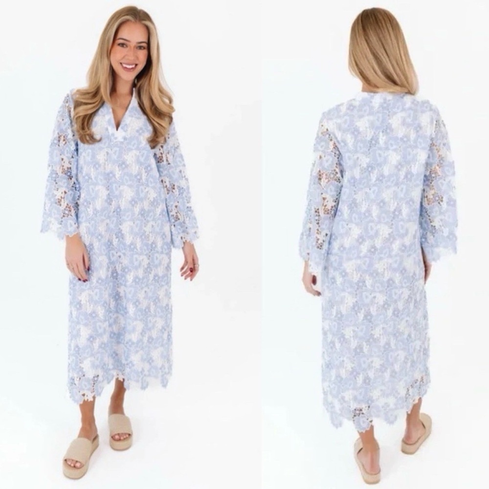 J. Marie Women’s Maggie Light Blue White Lace Midi Dress Kaftan 3/4 Sleeve NWT